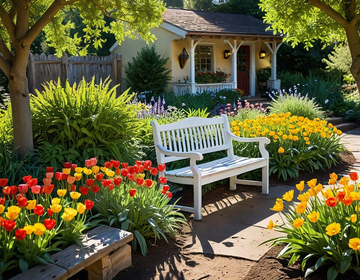 A serene garden scene showcasing a variety of thriving perennials and annuals in full bloom, with a gardener happily tending to the flowers. Sunlight filtering through lush green leaves, and a rustic wooden bench in the background. Bright, vibrant colors should dominate the scene, capturing the essence of a flourishing garden alive with pollinators. super-realistic. vibrant colors. soft focus.