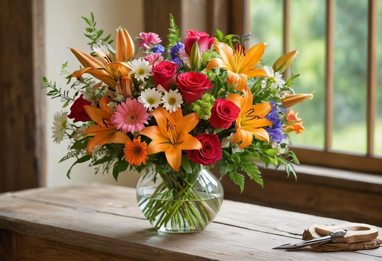 A beautiful, vibrant floral arrangement displayed in an elegant glass vase, surrounded by blooming flowers in various colors including roses, lilies, and daisies. Soft natural light filtering through a nearby window, casting gentle shadows, and a wooden table as the backdrop. Include a pair of scissors and some flower arranging tools subtly placed nearby. A touch of greenery intertwined with the blooms to enhance the composition. bright and colorful. soft focus. natural light.