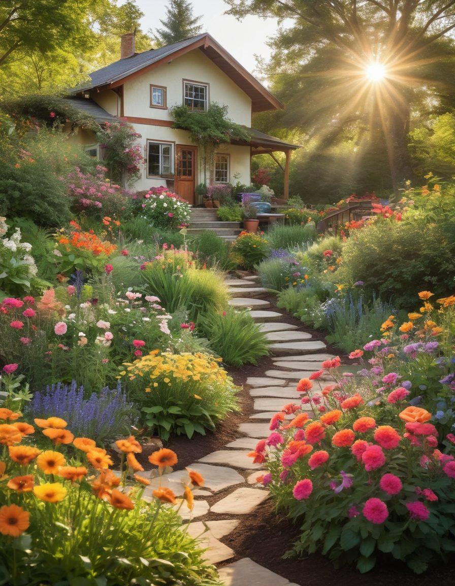 A serene outdoor garden scene with a burst of colorful flowers in various arrangements, showcasing eco-friendly gardening techniques. Include a gardener tending to native plants, surrounded by butterflies and bees, with sustainable tools like a compost bin and rainwater collection system in the background. Bright sunlight filtering through trees, accentuating the vibrant colors of nature. whimsical. vibrant colors. 3D.
